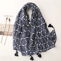 Exotic retro blue porcelain kaleidoscope pattern long scarf with tassels and fringe - Navy Blue Kaleidoscope Print (SL2111-004)