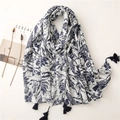 Vintage blue floral linen-feel scarf with tassels on minimalist white surface - 180*90CM / Blue And White Porcelain Print (SL2111-005)