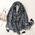 Ethnic retro blue and white porcelain pattern scarf with black tassels on soft fabric - Blue and White Ethnic Print (SL2111-007) / 180*90