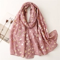 Detail of pink lightweight scarf with gold leopard foil print and soft texture - Taro Purple