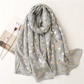 Gray long scarf with gold leopard print in soft cotton linen texture on white background - Gray