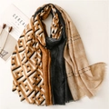 Retro geometric patchwork scarf for women with tassels in brown and beige tones - 180x90cm / Dark Coffee Light Khaki