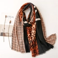 Chic leopard and houndstooth print oversized cotton linen scarf shawl for women - Caramel Patchwork