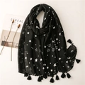 Black cotton linen scarf with silver star prints and tassels on a minimalist background - Black Silver Star Tassel Style (SL2107-022) / 180x90cm