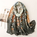 Vintage dark green cotton linen scarf with large floral patterns for women travel sun protection - Dark Green Floral (SL2108-020)