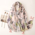 Pink silk summer scarf for women with bird patterns and tassels for sun protection - Pink Bird and Flower Print (SL2108-032) / 180*90