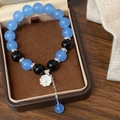 Minimalist light blue natural stone beaded bracelet with heart flower charm in gift box - Light Blue Black Glossy Bead Heart Pendant Style (D-178)