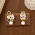 Detail of handmade floral beaded stud earring with purple crystals and pearls - Amethyst Faux Pearl Flower Earrings(A-1481)