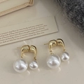 Elegantes pendientes colgantes dorados con dos perlas blancas redondas clásicas - Dorado/Perla Blanca
