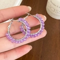 Macro detail of handmade large hoop earrings with purple faceted crystals and silver wire - Amethyst Large Hoop Earrings(A-1432)