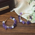 Luxurious purple crystal and pearl wire-wrapped C-shape earrings on a jewelry box - Purple Crushed Stone Faux Pearl Hoop Earrings(A-1277)