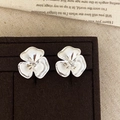 Elegant vintage silver brushed flower stud earrings with sparkling cubic zirconia centers - Silver Brushed Flower Stud Earrings (A-156)