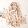 Lightweight floral cotton linen scarf with tassels and brown hibiscus flower print - Khaki (SL2108-048)