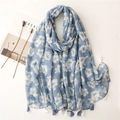 Light blue floral cotton linen scarf with hibiscus print and decorative tassels - Blue (SL2108-048)