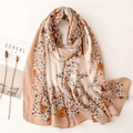 Flat lay of a beige floral cotton linen scarf with orange blossoms and dried flowers - Khaki (SL2109-006 Khaki) / 180*88