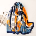 Long cotton linen scarf with navy and orange geometric patterns for beach sunscreen use - SL2109-004 Blue Border / 180*88cm