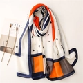 Écharpe longue en lin avec blocs géométriques orange et bleu et motifs à pois rétro - Bordure Bleue