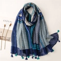 Ethnic blue patterned linen-feel scarf with geometric prints and fringe tassels - 180*85CM / Blue Bohemian Print Tassel Style (SL2109-011)