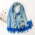 Blue and white floral cotton linen scarf with geometric patterns and fringe tassels - Blue