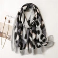 Chic leopard print cotton linen scarf in grey and black with fine fringe detail - 180cm x 90cm / Black