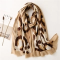 Elegant cotton linen scarf with abstract leopard print and fringe on white background - 180cm x 90cm / Khaki