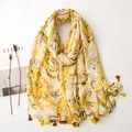 Bohemian paisley print cotton linen scarf in yellow with fringe tassels on white background - Yellow