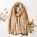 Grape leaf pattern linen cotton scarf with tassels for sun protection and beach wear - 180*90CM / Khaki