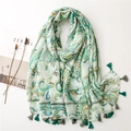 Green paisley pattern cotton linen scarf with tassels and bohemian print design - Green