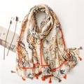 Bohemian paisley linen cotton scarf with tassels and floral print on white background - Khaki