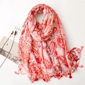 Pink paisley cotton linen scarf with tassels and bohemian print, elegant style - Red