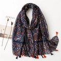 Ethnic cotton linen floral shawl with tassels and dragonfly print for beach sun protection - Deep Blue Dragonfly Floral Style (SL2104-062)