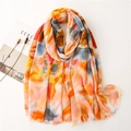 Colorful floral print long scarf with soft frayed edges for women's sun protection - 180*90CM / Orange