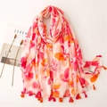 Floral print lightweight cotton linen scarf with tassel fringe for sun protection - Pink (SL2104-046)