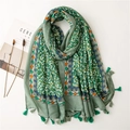 Floral cotton linen scarf with tassels and geometric patterns for beach and sun protection - 180*90CM / Green