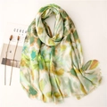 Detailed view of lightweight watercolor print scarf with short fringe and soft texture - 180*90CM / Green