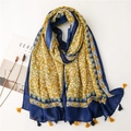 Navy and yellow floral linen scarf with tassels displayed on a minimalist white background - 180*90CM / Yellow