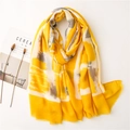 Scialle in lino giallo con motivi geometrici astratti e bordi con frange sottili - 180*90CM / Giallo
