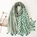 Vintage floral geometric print cotton linen scarf with tassels on white background - Green