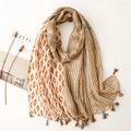 Vintage style floral geometric printed cotton linen scarf with colorful tassels - Khaki
