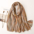 Retro multi-color striped cotton linen scarf with tassels in vibrant autumn tones - Khaki