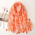 Boho orange floral scarf with tassels and sequins in a stylish minimalist setting - 180x85cm / Orange Floral (SL2106-003)