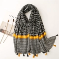 Retro geometric grid scarf with yellow stripes and fringe on a white background - 180*85 / Black