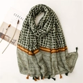 Retro geometric grid long scarf with tassels in dark green and beige linen feel cotton - 180*85 / Green