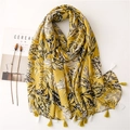 Ginger yellow cotton linen scarf with tropical banana leaf print and fringe tassels - Long Tassel Shawl / Ginger Yellow Banana Leaf Print (SL2106-023)