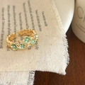 Bague dorée rétro avec fleurs en émail vert et strass étincelants, taille ajustable - Vert