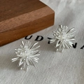 Detailed close-up of silver starburst earrings with sparkling cubic zirconia on wood - Silver