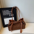 Retro leopard print tote bag in brown faux suede with slim leather straps and buckles - Brown