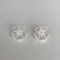 Detail of silver hollow flower stud earrings with sparkling pavé center stones - Silver