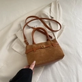 Brown retro suede tote bag with leather拼接 details and adjustable shoulder strap - Brown