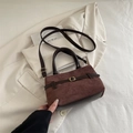 Retro dark brown suede tote bag with smooth leather handles and metal buckle detail - Brown